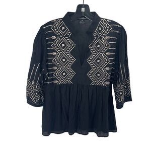 Willi Smith Women's Bohemian V Neck Top Blouse Embroidered Black Size Medium